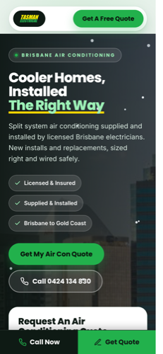 Tasman Electrical air conditioning landing page on mobile