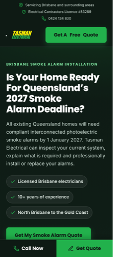 Tasman Electrical smoke alarm landing page on mobile