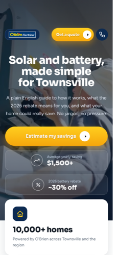 O'Brien Electrical Townsville solar landing page on mobile