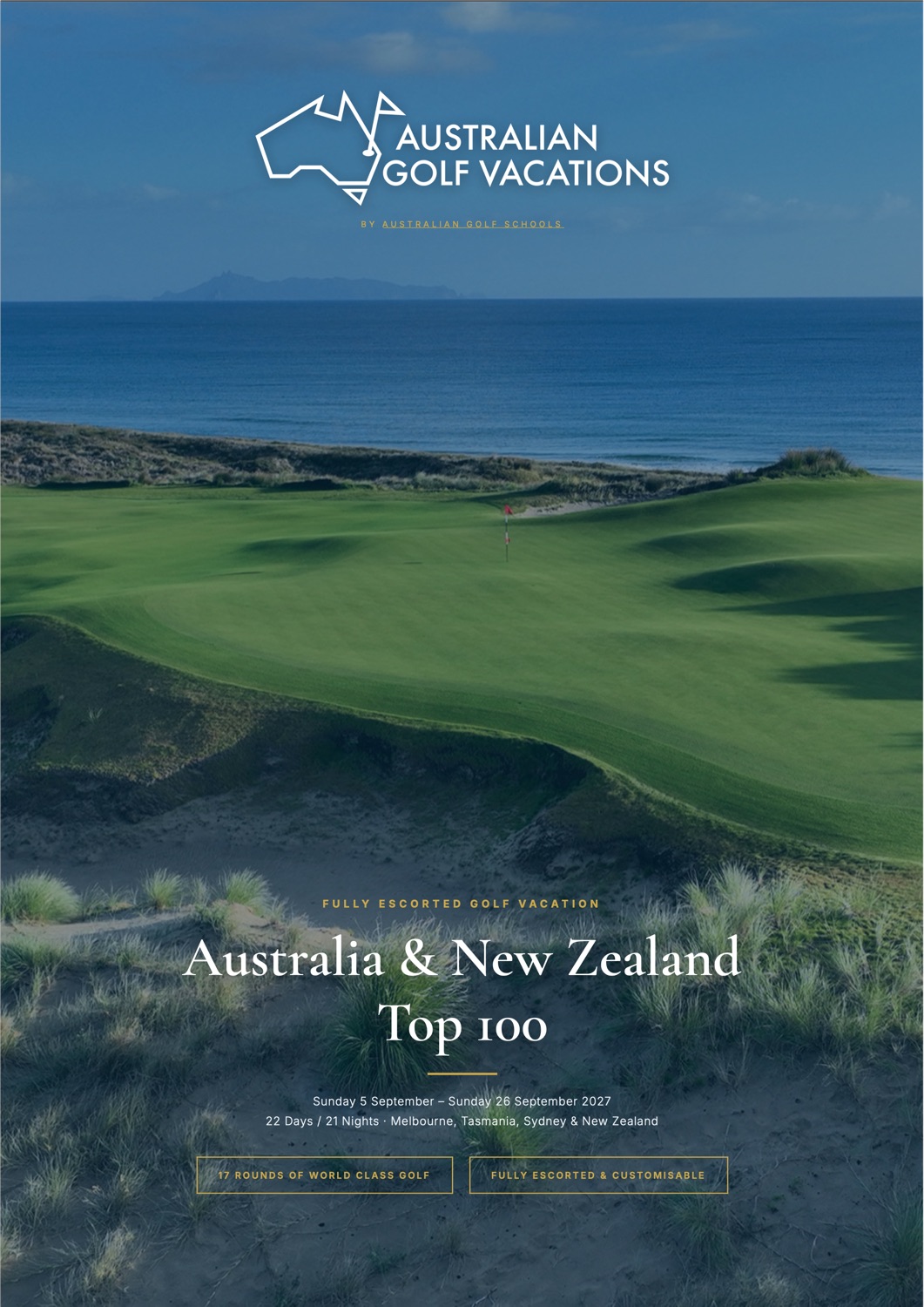 Golf tour brochure cover showing a coastal links green