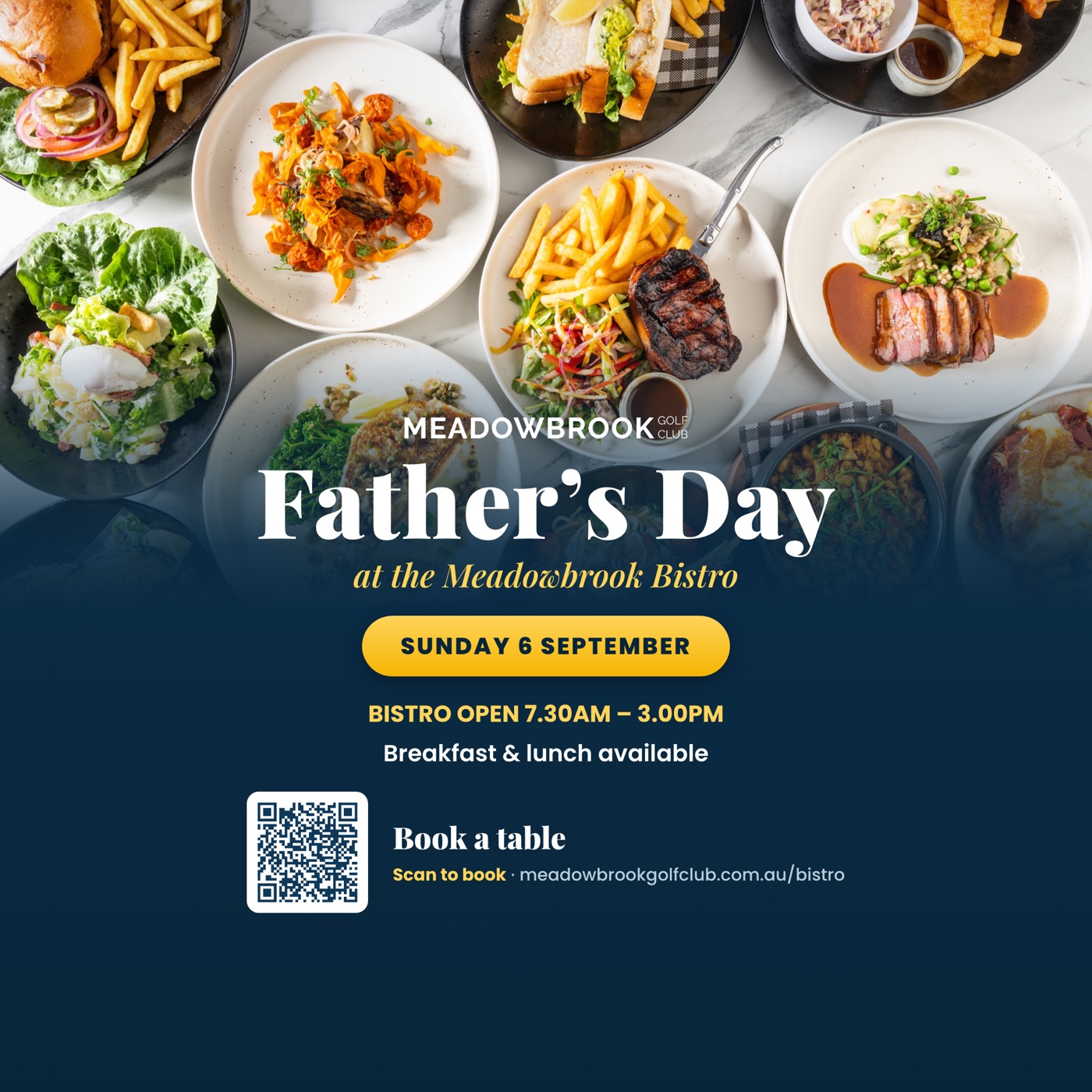 Father's Day bistro social tile with an overhead spread of pub meals above a navy panel
