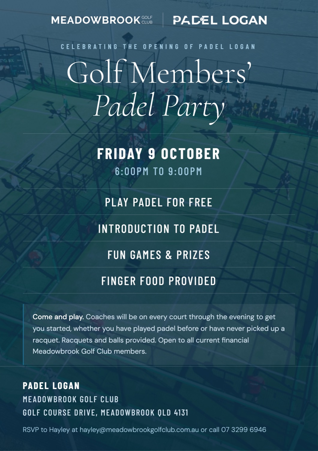 Golf Members' Padel Party invitation over a photo of floodlit padel courts