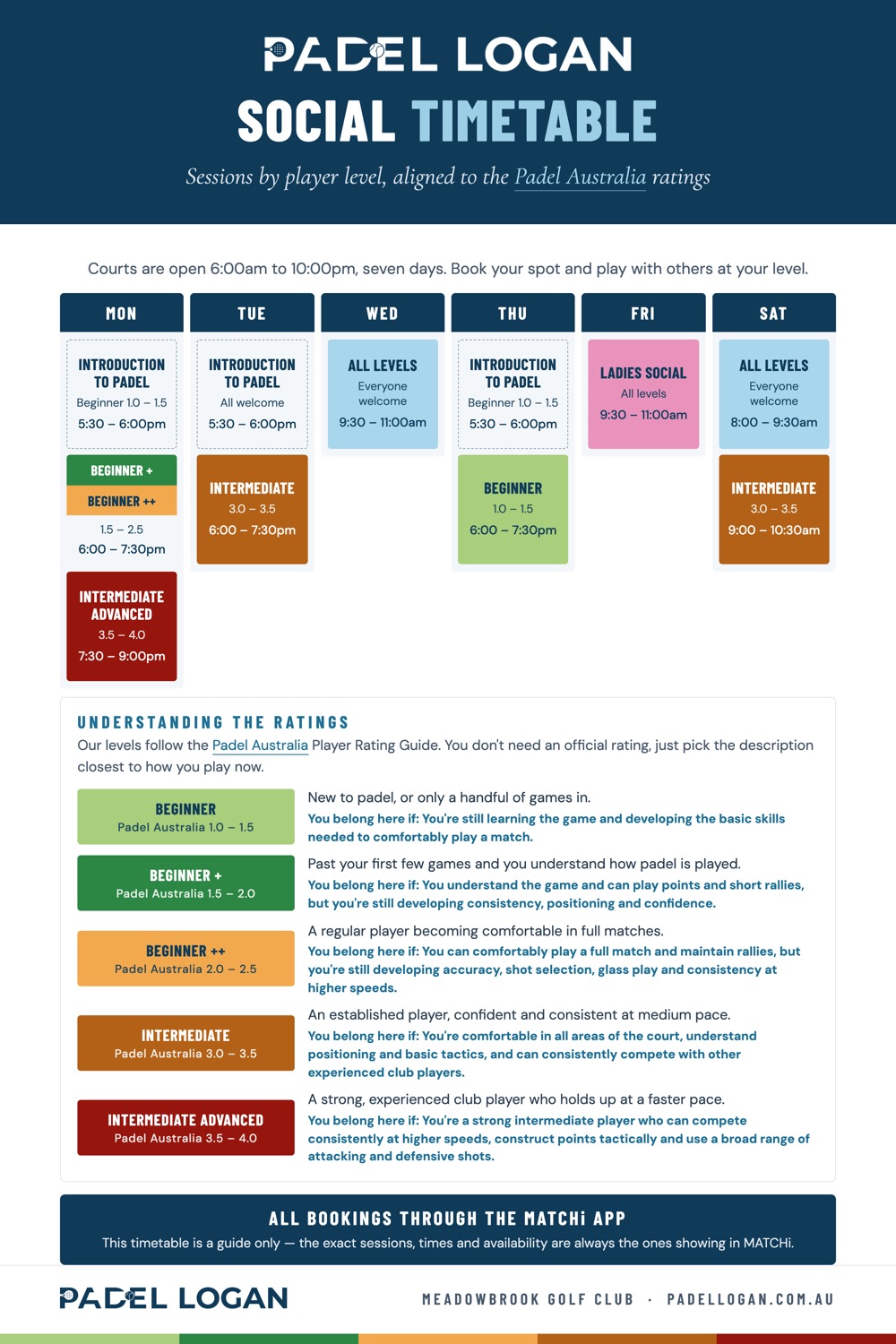 Social play timetable with colour coded player levels