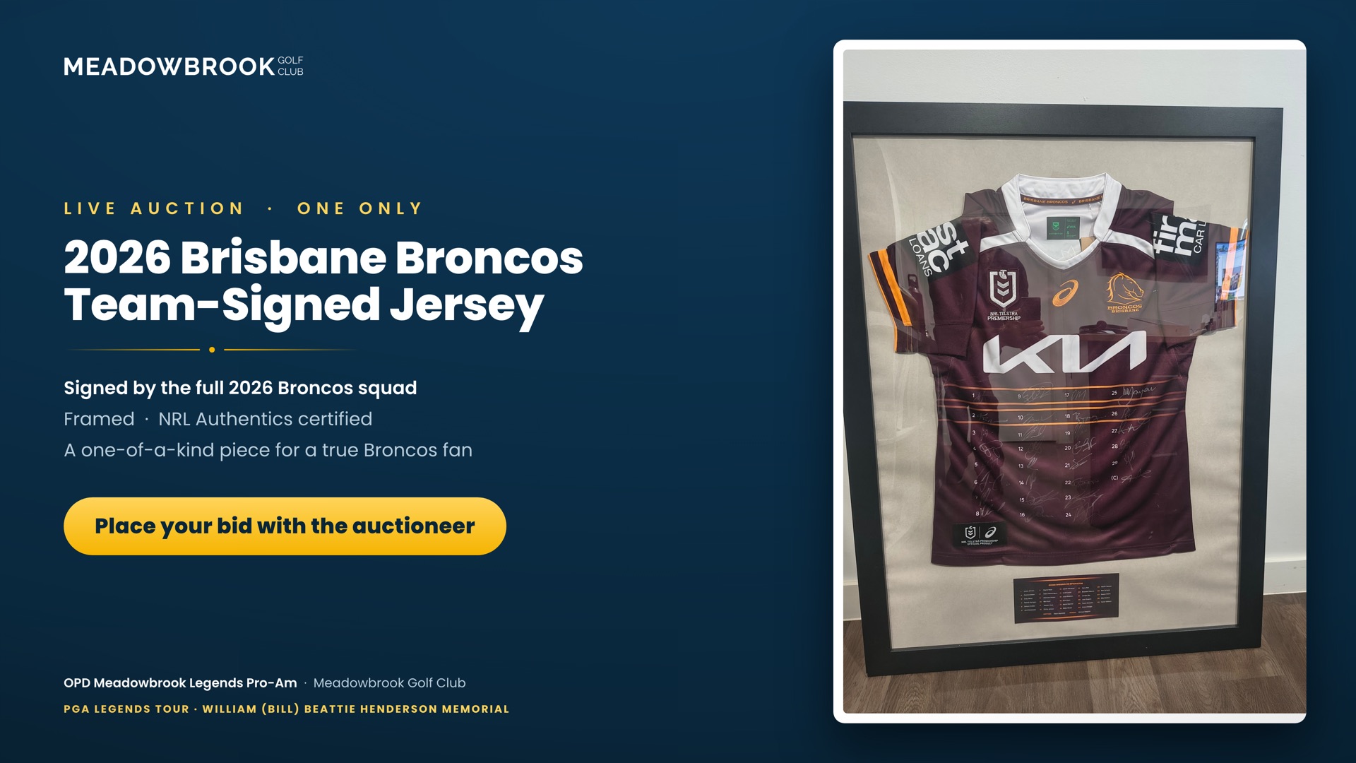 Live auction screen for a signed Brisbane Broncos jersey