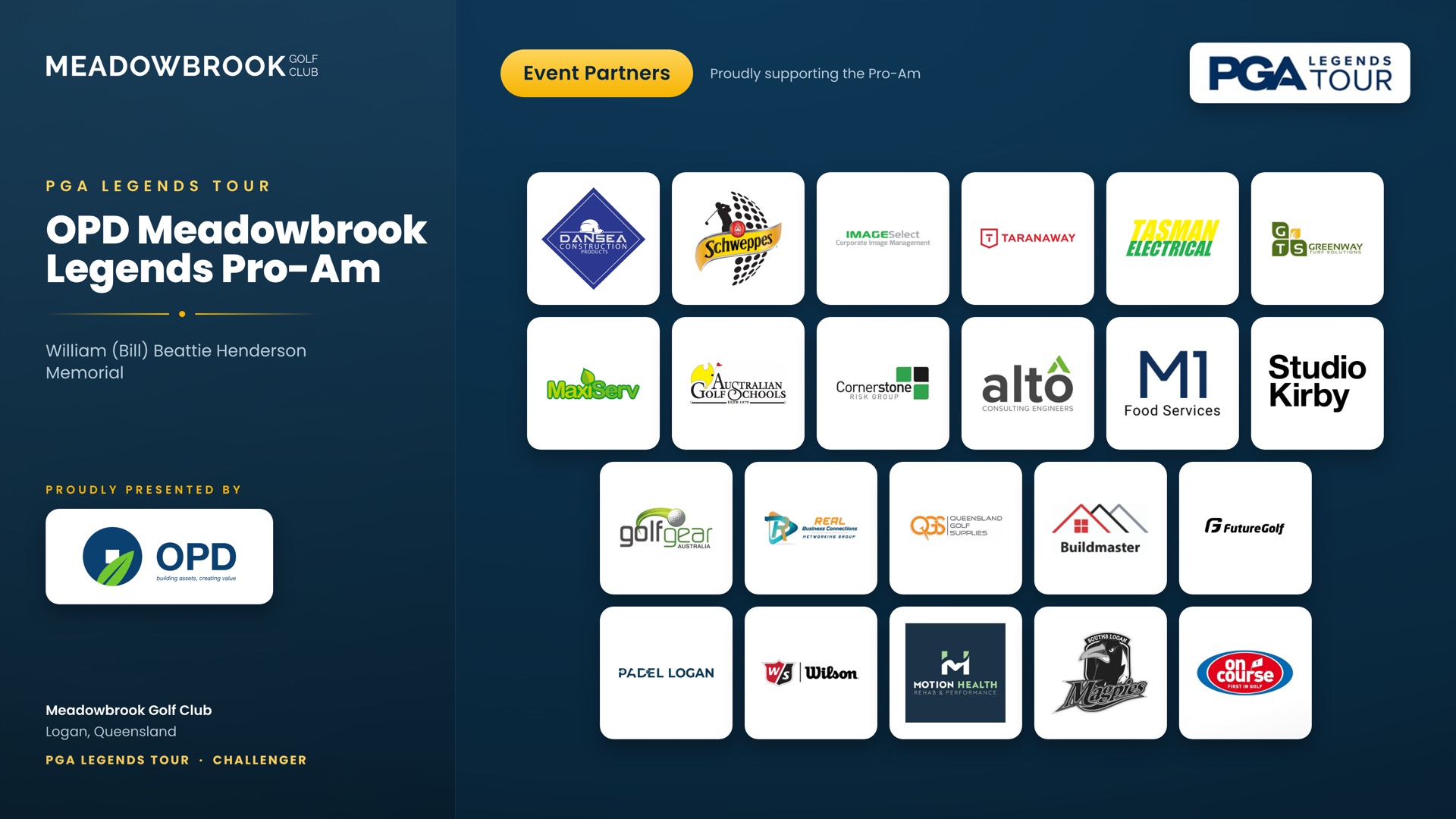 Partner board for a PGA Legends Tour Pro-Am listing twenty three sponsor logos on white cards
