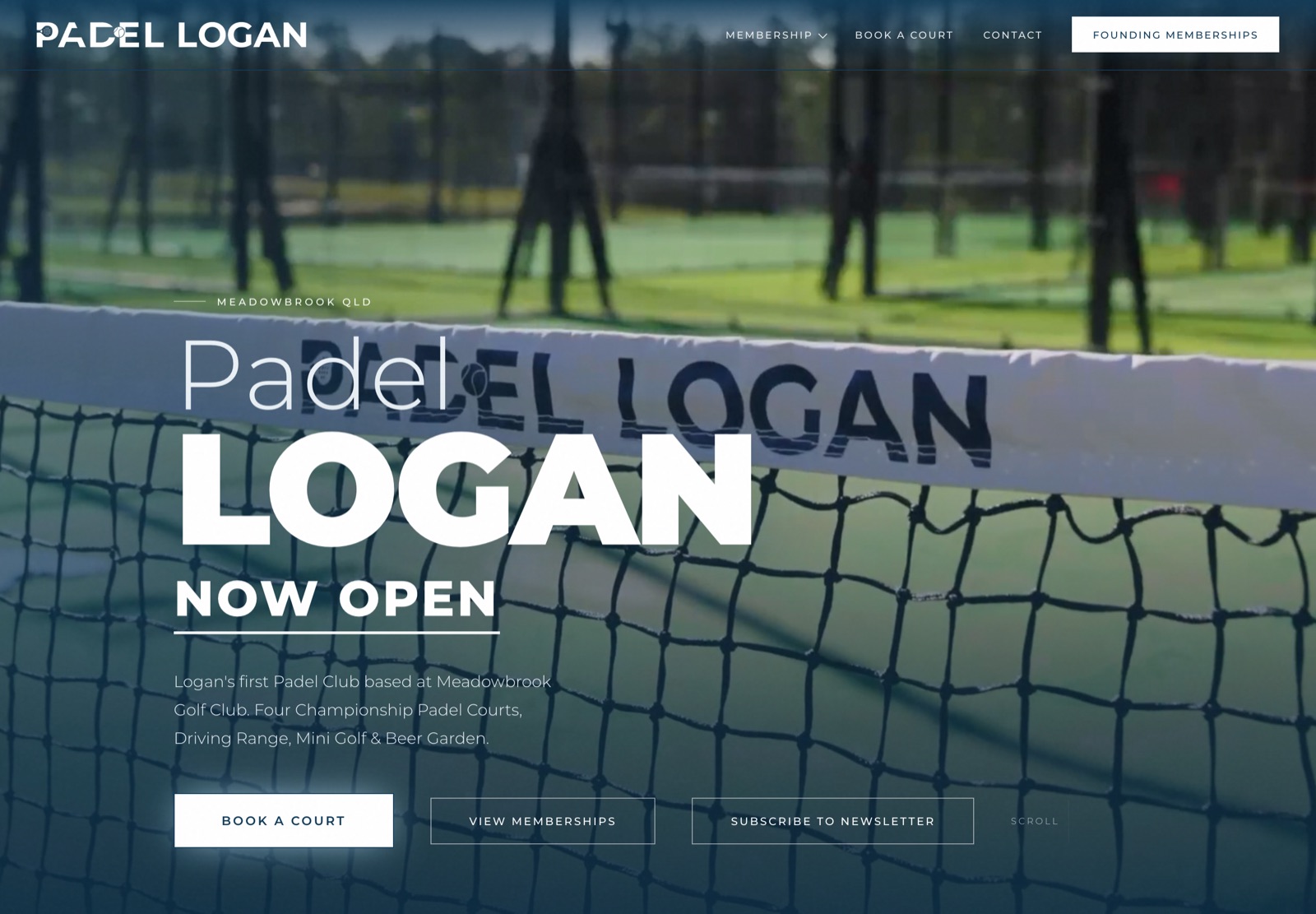 Padel Logan home page with a large photograph of a court net