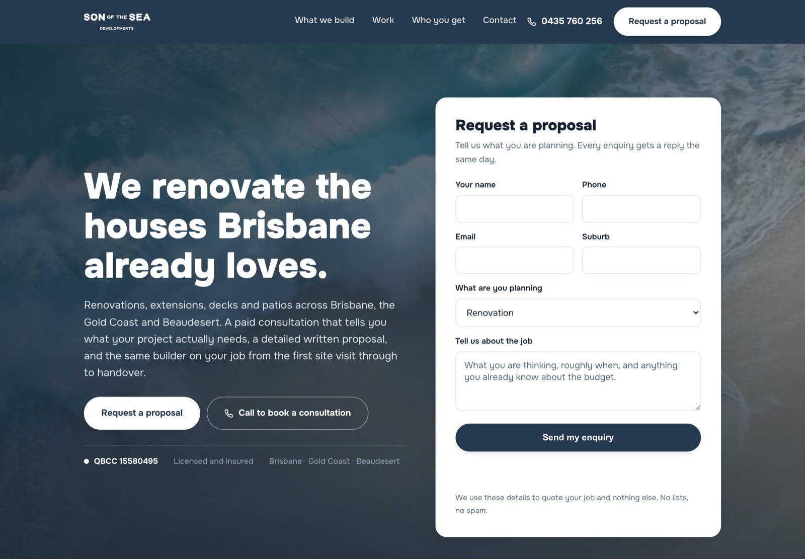 Builder website home page with an enquiry form beside the headline