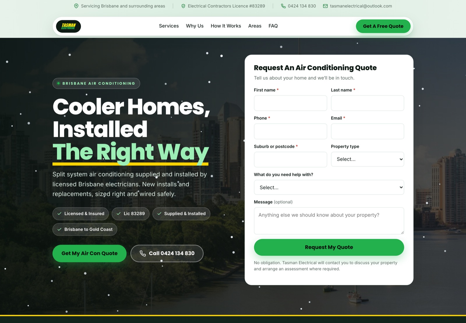 Air conditioning landing page with a quote form over a Brisbane skyline